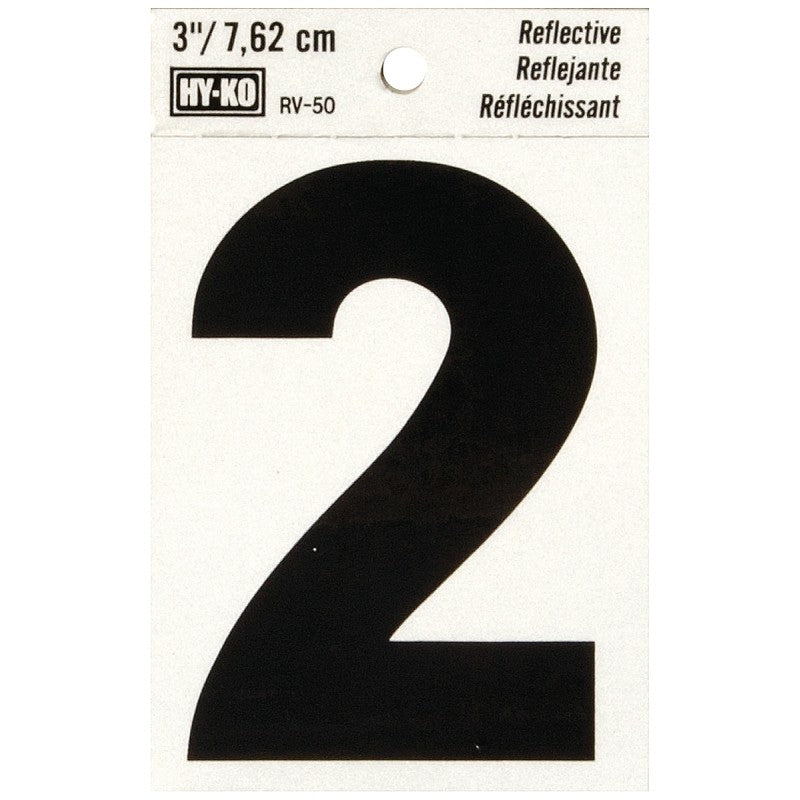 Hy-Ko RV-50/2 Reflective Sign, Character: 2, 3 in H Character, Black Character, Silver Background, Vinyl (Pack of 10)