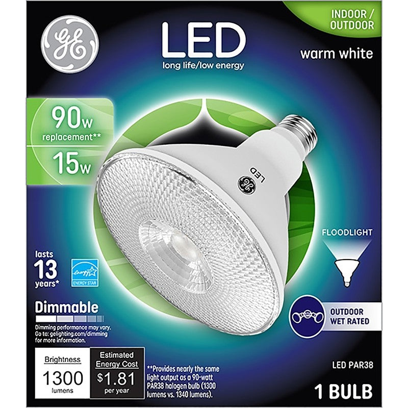 GE 38451 LED Bulb, Flood/Spotlight, PAR38 Lamp, 90 W Equivalent, E26 Lamp Base, Dimmable, Bright White Light
