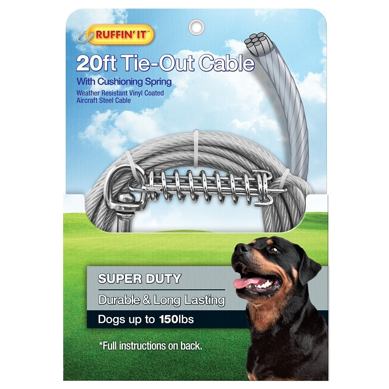 Ruffin'It 29620 Cable Tie-Out, Super-Duty, Swivel Snap End, 20 ft, Steel, Clear, For: Dogs up to 150 lb