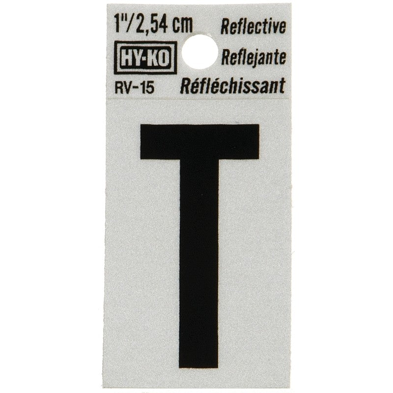 Hy-Ko RV-15/T Reflective Letter, Character: T, 1 in H Character, Black Character, Silver Background, Vinyl (Pack of 10)
