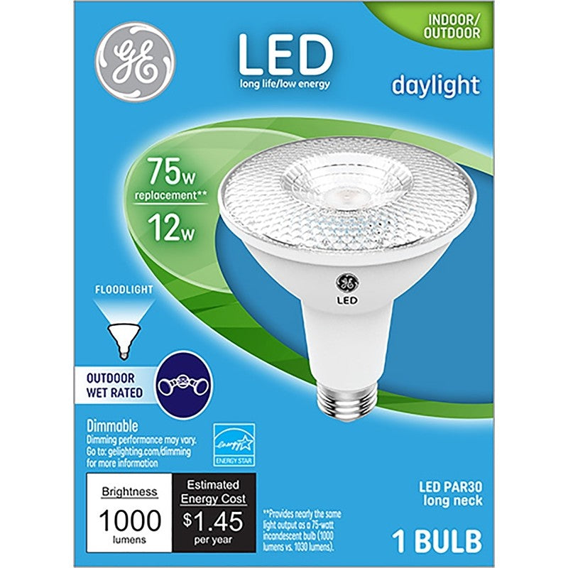 GE 38447 LED Bulb, Flood/Spotlight, PAR30 Lamp, 75 W Equivalent, E26 Lamp Base, Dimmable, Daylight Light