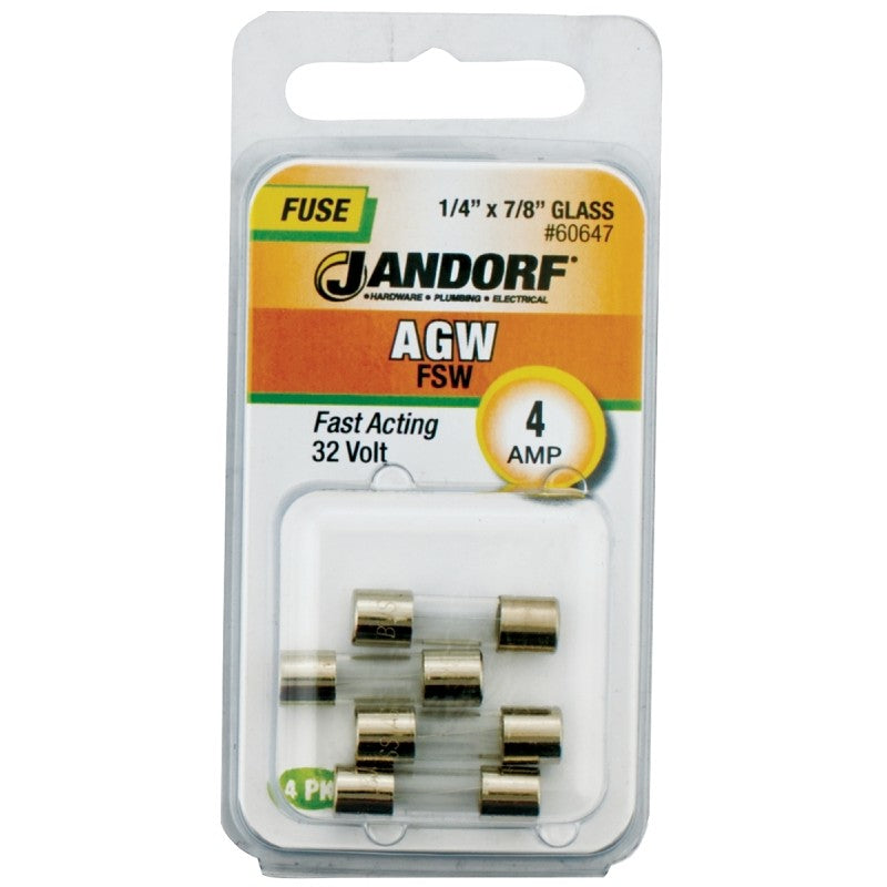 Jandorf 60647 Fast Acting Fuse, 4 A, 32 V, 10 kA Interrupt, Glass Body