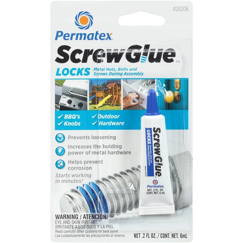 Permatex ScrewGlue 28206 Screw Locking Glue, 0.2 oz, Tube, Liquid, Blue