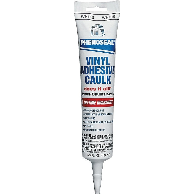 DAP PHENOSEAL 00101 Vinyl Adhesive Caulk, White, 48 hr Curing, -20 to 180 deg F, 5.5 oz Cartridge