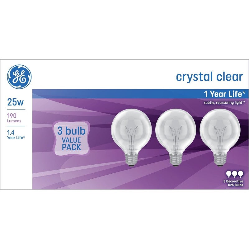 GE 48063 Light Bulb, Clear Lamp, 25 W, G25 Lamp, E26 Medium Lamp Base, 190 Lumens, 2500 K Color Temp, Soft White (Pack of 4)