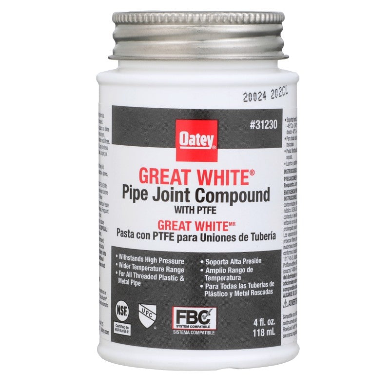 Oatey Great White 31230 Pipe Joint Compound, 4 oz Can, Liquid, Paste, White