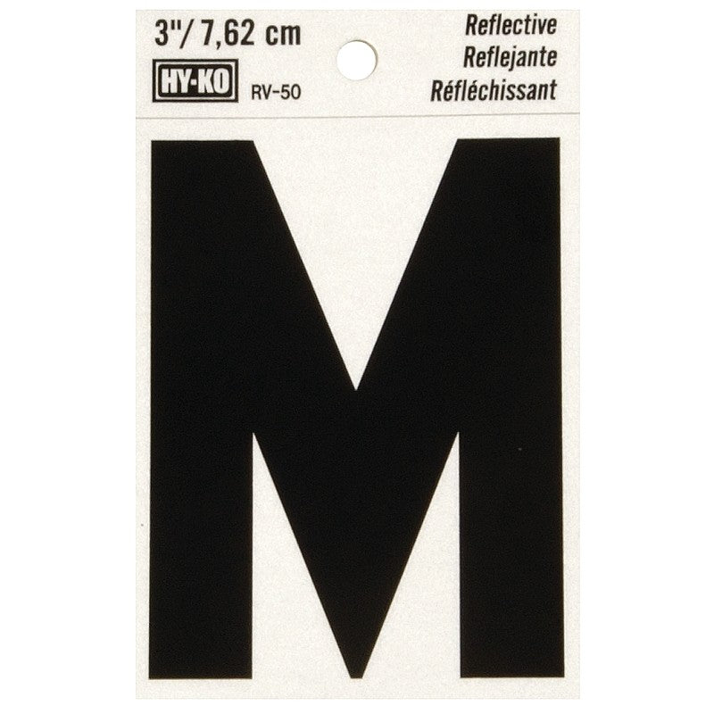 Hy-Ko RV-50/M Reflective Letter, Character: M, 3 in H Character, Black Character, Silver Background, Vinyl (Pack of 10)