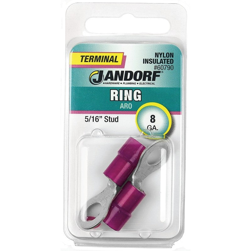 Jandorf 60790 Ring Terminal, 8 AWG Wire, 5/16 in Stud, Nylon Insulation, Copper Contact, Red