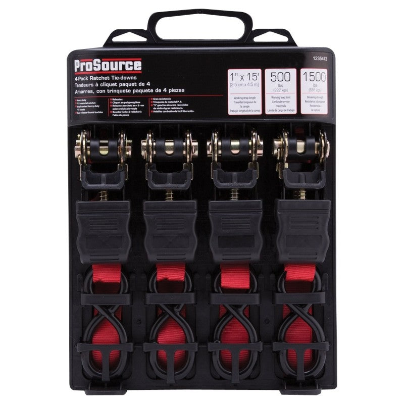 ProSource FH64069 Tie-Down, 1 in W, 15 ft L, Polyester Webbing, Metal Ratchet, Red, 500 lb, S-Hook End Fitting