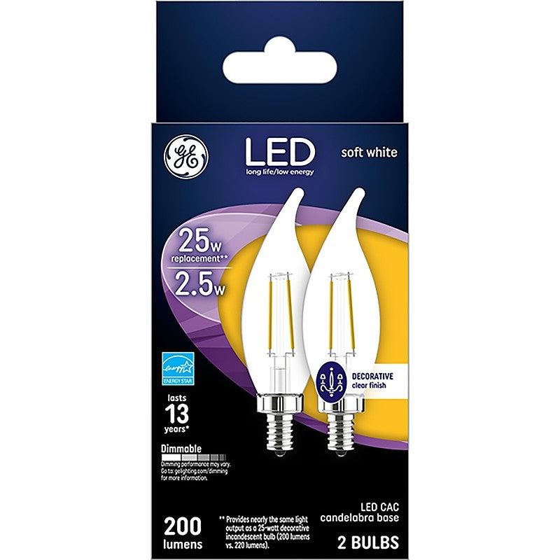 GE 22521 LED Bulb, Decorative, CAC Lamp, 25 W Equivalent, E17 Lamp Base, Dimmable, 2700 K Color Temp