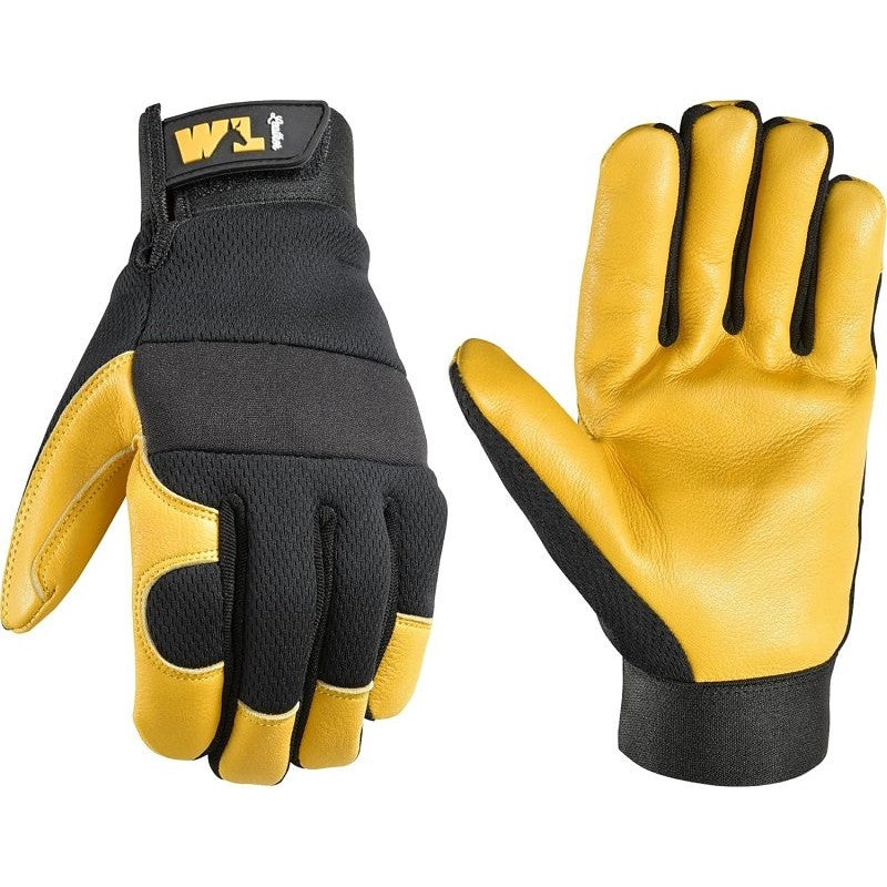Wells Lamont 3280-L Gloves, Men's, L, Reinforced Thumb, Adjustable Wrist, Hook and Loop Cuff, Black/Gold/Yellow
