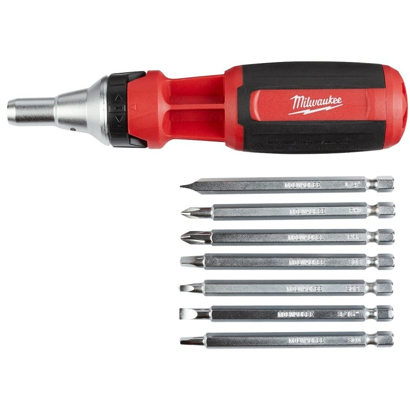 Milwaukee 48-22-2322 Ratcheting Multi-Bit Driver, 1/4 in Drive, Square Drive, 7 in OAL, Plastic Handle, Magnetic