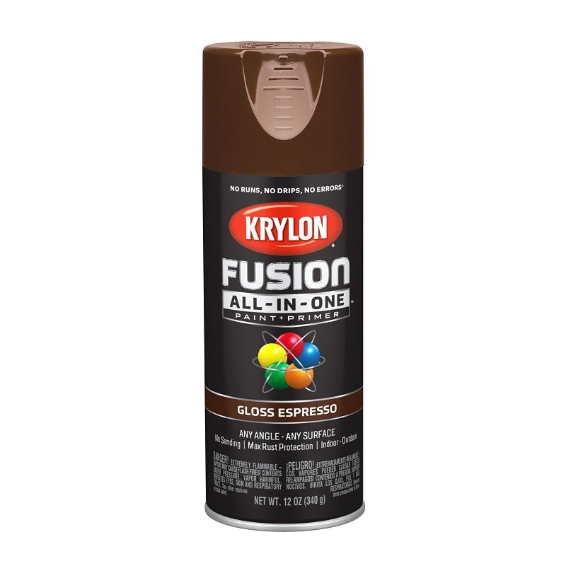 Krylon K02707007 Spray Paint, 12 oz Can, 25 sq-ft Coverage Area, Acrylic Base, Gloss, Espresso, Exterior, Interior