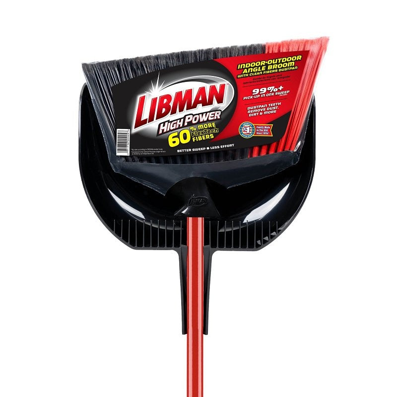 Libman 905 Angle Broom with Dustpan, 5-1/2 in L Trim, Recycled PET Bristle, Black/Red Bristle, Powder-Coated Steel