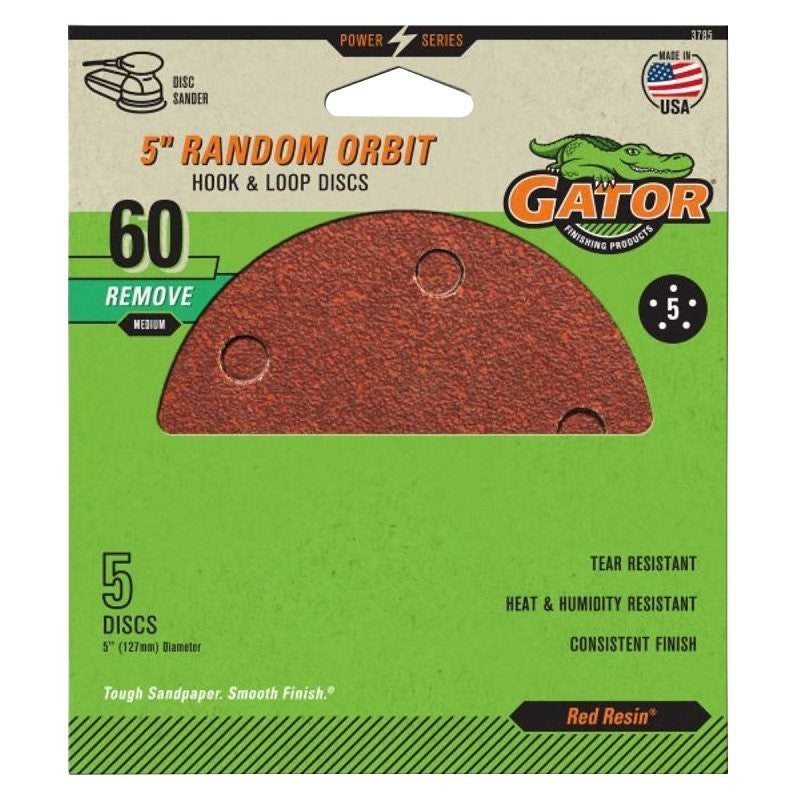 Gator 3785 Sanding Disc, 5 in Dia, 60 Grit, Coarse, Aluminum Oxide Abrasive, Vented, 5/PK