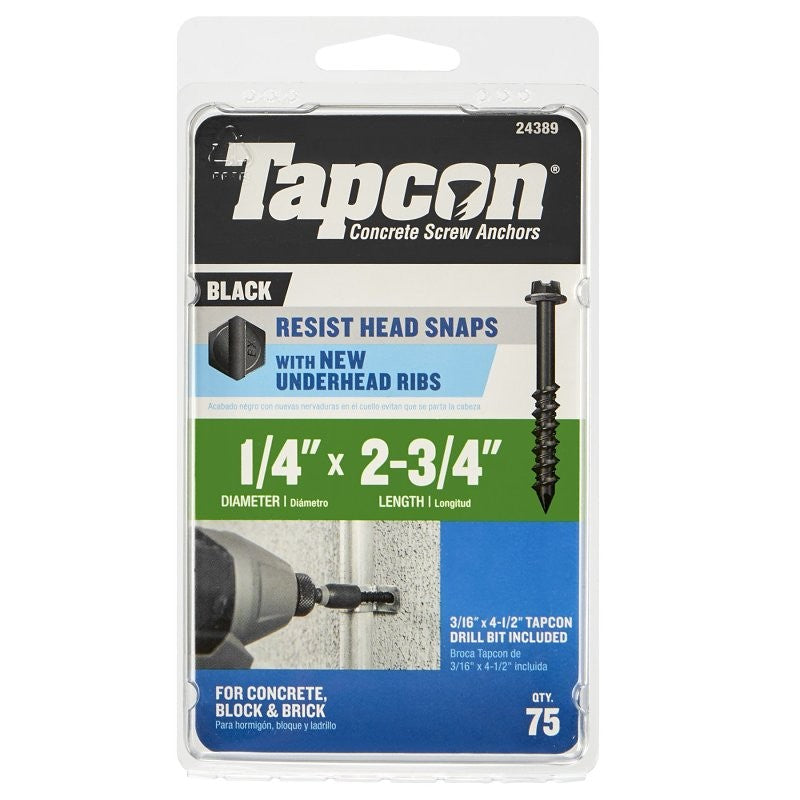 Tapcon 24389 Concrete Screw Anchor, 1/4 in Dia, 2-3/4 in L, Steel, Climaseal