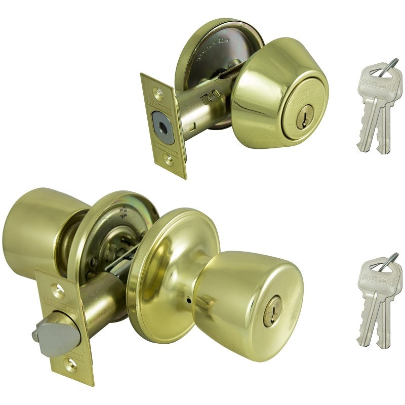 ProSource BS7B1-PS Deadbolt and Entry Lockset, Turnbutton Lock, Knob Handle, Tulip Design, Polished Brass, 3 Grade (Pack of 2)