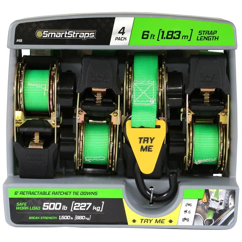 SmartStrap 468 Tie-Down, 1 in W, 6 ft L, Green, 500 lb, S-Hook End Fitting, Steel End Fitting