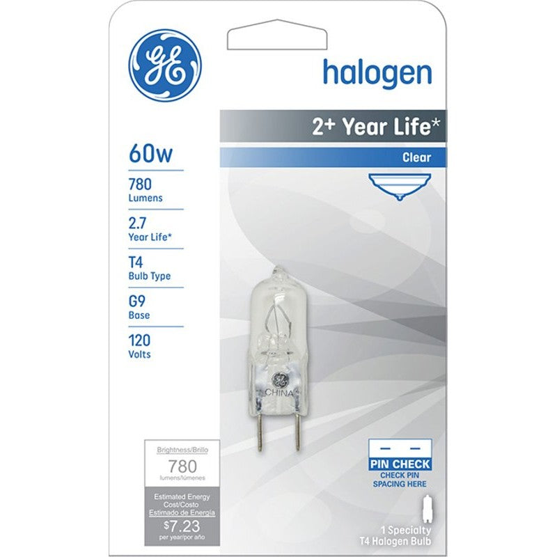 GE Edison Series 16756 Halogen Bulb, 60 W, G9 Lamp Base, T4 Lamp, White Light, 780 Lumens, 2800 K Color Temp