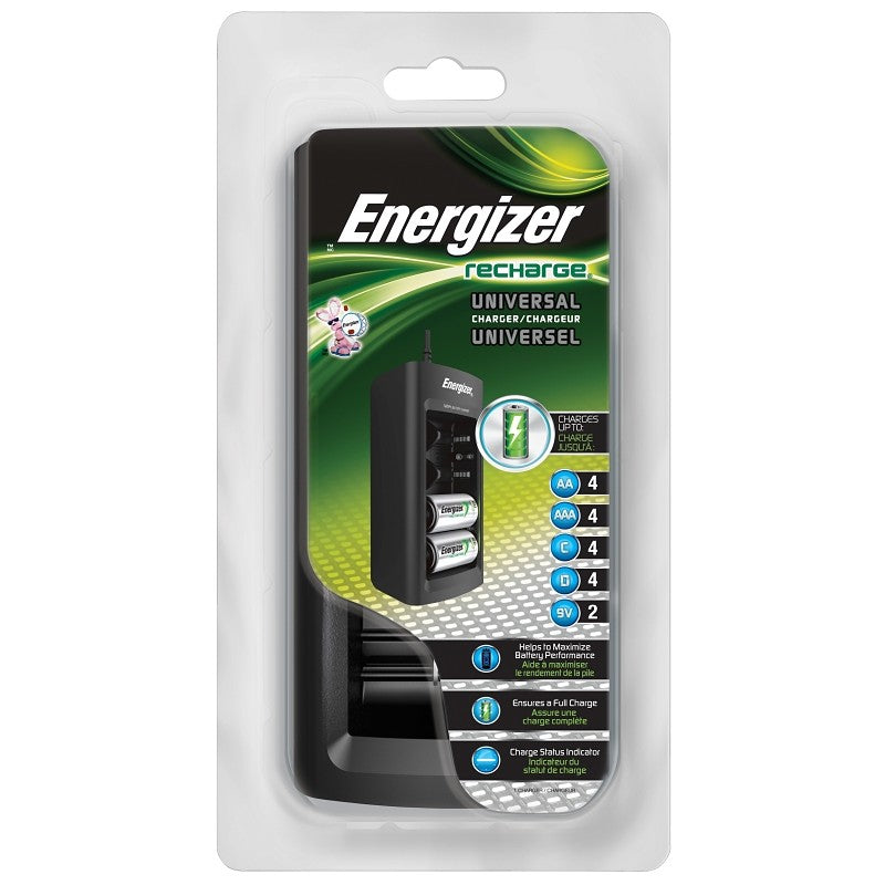 Energizer Recharge CHFC Universal Charger, 1.1 A Charge, 12 VDC Output, AA, AAA, C, D Battery, 4 -Battery