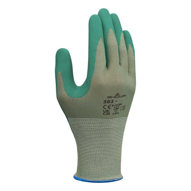 Showa 383-M/07 Coated Gloves, M, 230 mm L, Nitrile Coating, Polyester, Green