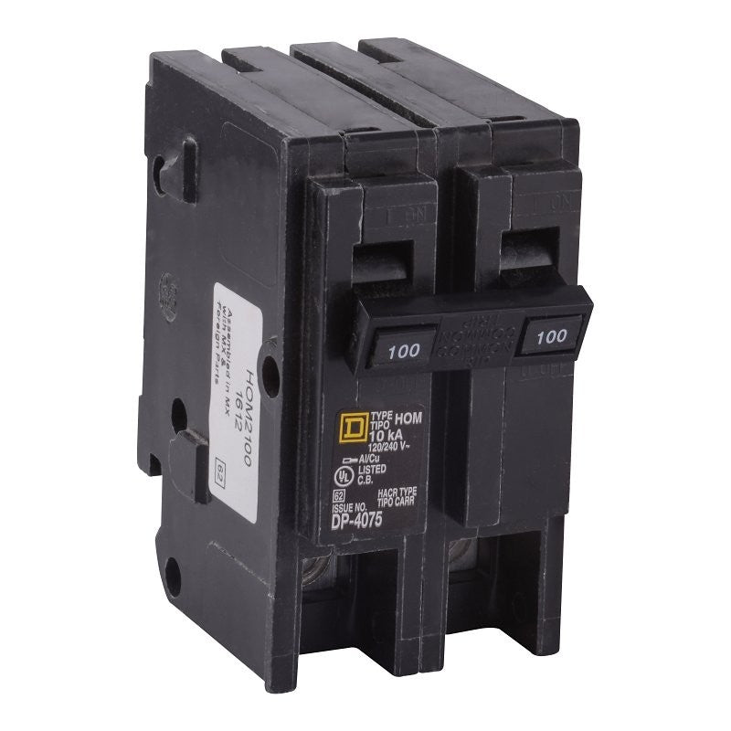 Square D Homeline HOM2100CP Circuit Breaker, Mini, 100 A, 2 -Pole, 120/240 V, Fixed Trip, Plug Mounting, Black