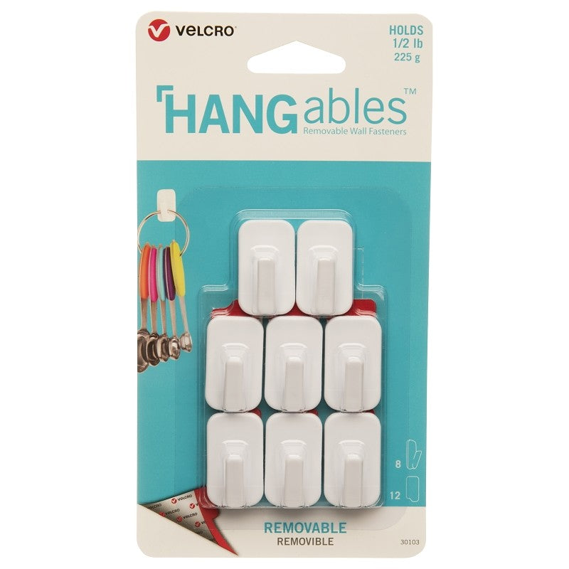VELCRO Brand HANGables VEL-30103-USA Removable Wall Hook, 0.5 lb, 8-Hook, White