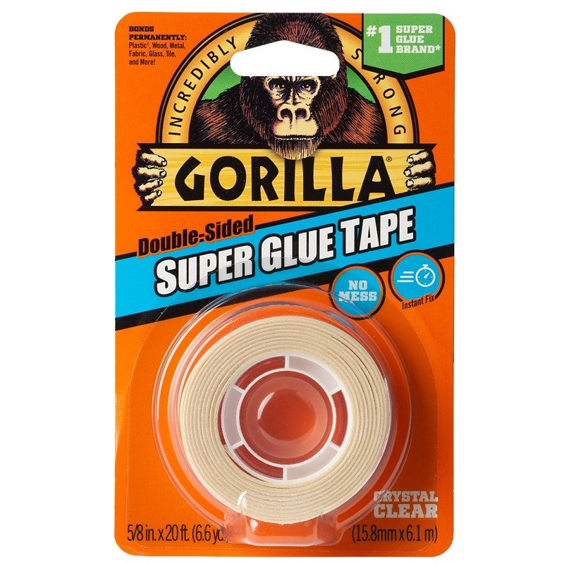 Gorilla 109340 Super Glue Tape, 20 ft L, 5/8 in W, Crystal Clear
