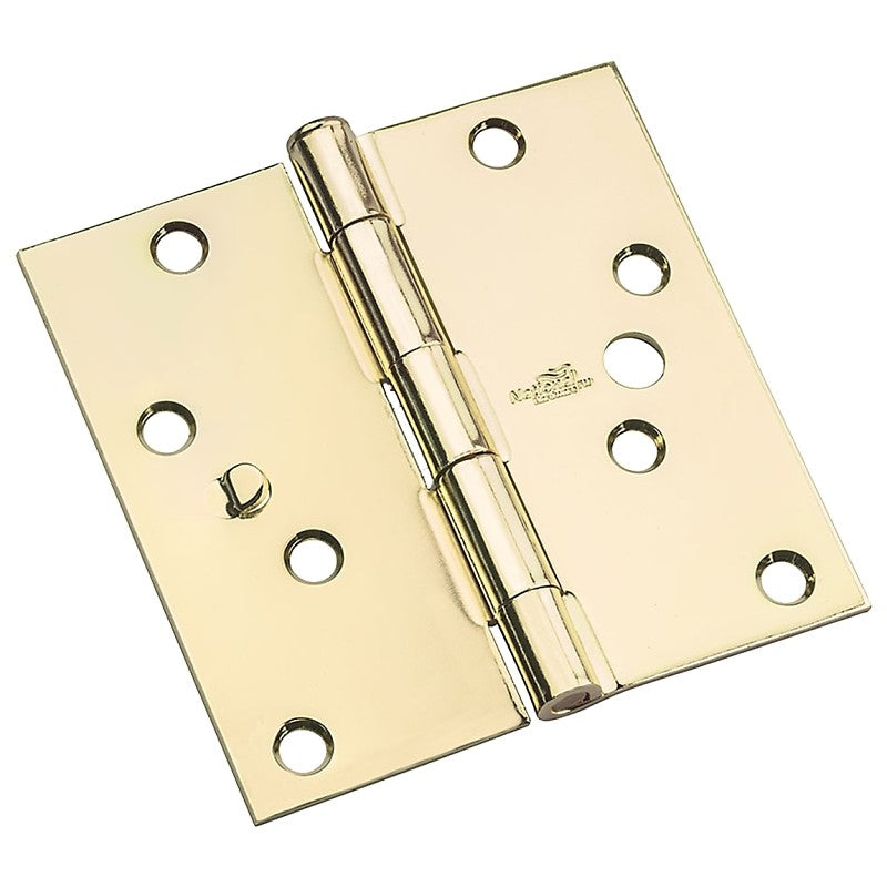 National Hardware 512 Series N830-401 Door Hinge, 4 in H Frame Leaf, Steel, Bright Brass, Flush, Removable Pin, 55 lb