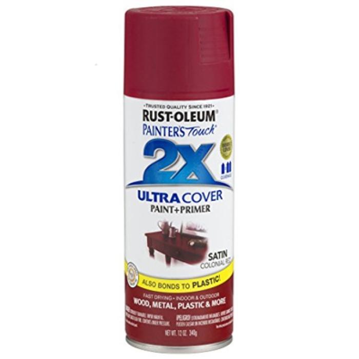 Rust-Oleum Painter's Touch 2X Ultra Cover 334063 Spray Paint, Satin, Colonial Red, 12 oz, Aerosol Can