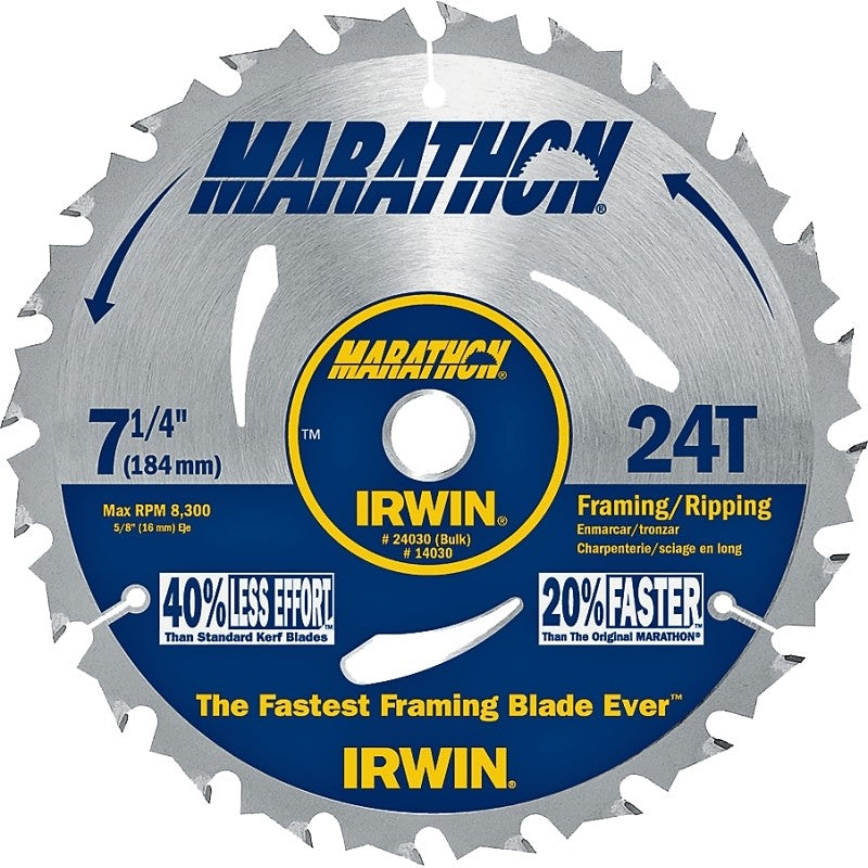 Irwin Marathon 24030 Circular Saw Blade, 7-1/4 in Dia, 5/8 in Arbor, 24-Teeth, Carbide Cutting Edge (Pack of 10)