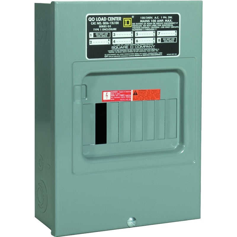 Square D QO QO612L100SCP Load Center, 100 A, 6-Space, 12-Circuit, Main Lug, NEMA 1 Enclosure, Gray, Plug