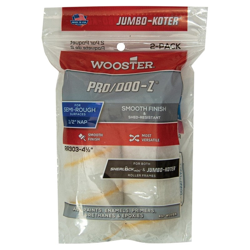 Wooster RR303-4 1/2 Roller Cover, White, 1/2 in Thick Nap, 4-1/2 in L, Fabric Cover, 2/PK