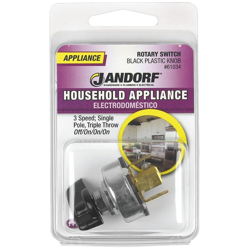 Jandorf 61034 Single Circuit Rotary Switch, 1 A, 125 V, SPTT, Plastic, Black