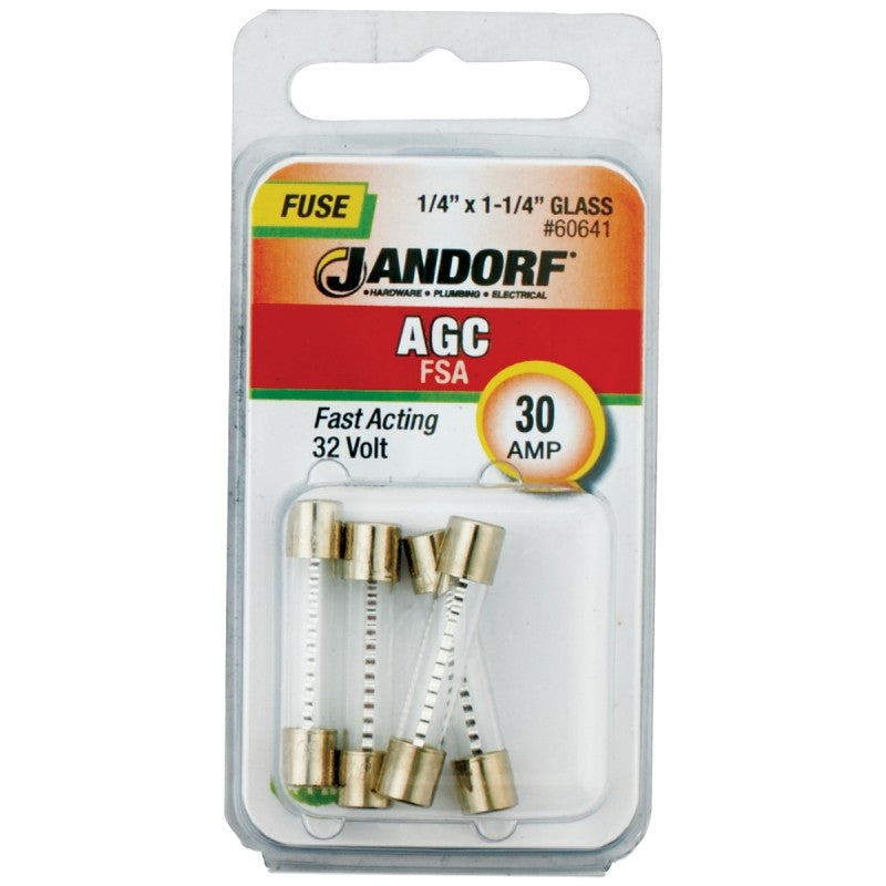 Jandorf 60641 Series Fast Acting Fuse, 0.002 Ohm, 30 A, 32 V, 1 kA Interrupt, Glass Body, 1-1/4 in Length