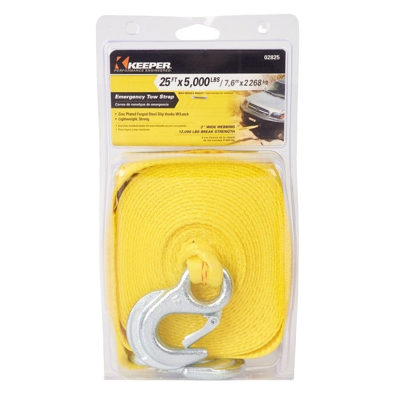 Keeper 02825 Emergency Tow Strap, 12,000 lb, 2 in W, 25 ft L, Hook End, Yellow