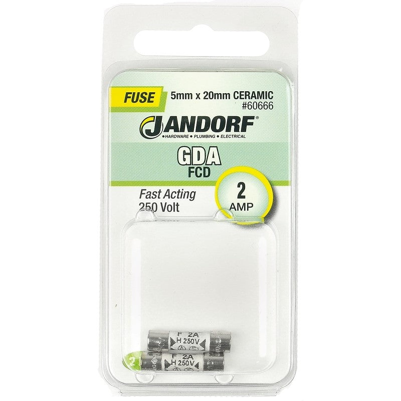 Jandorf 60666 Fast Acting Fuse, 0.07 Ohm, 2 A, 250 V, 1500 A Interrupt, Ceramic Body, 5 mm Dia