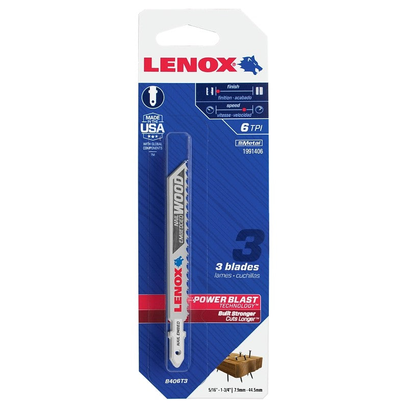 Lenox 1991406 Jig Saw Blade, 3/8 in W, 6 TPI, 4 in L, 3/PK