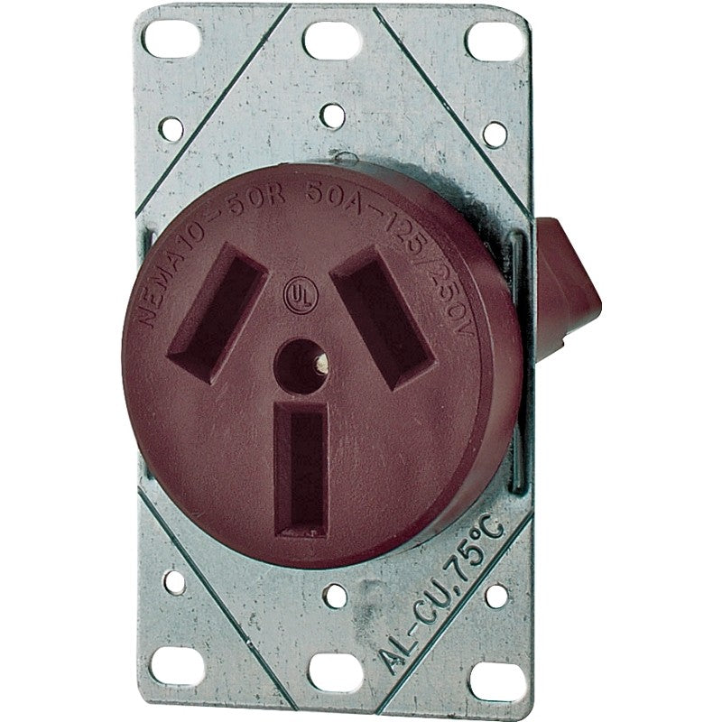 Eaton Cooper Wiring 32B-BOX Power Receptacle, 3 -Pole, 125/250 V, 50 A, NEMA: NEMA 10-50R, Brown