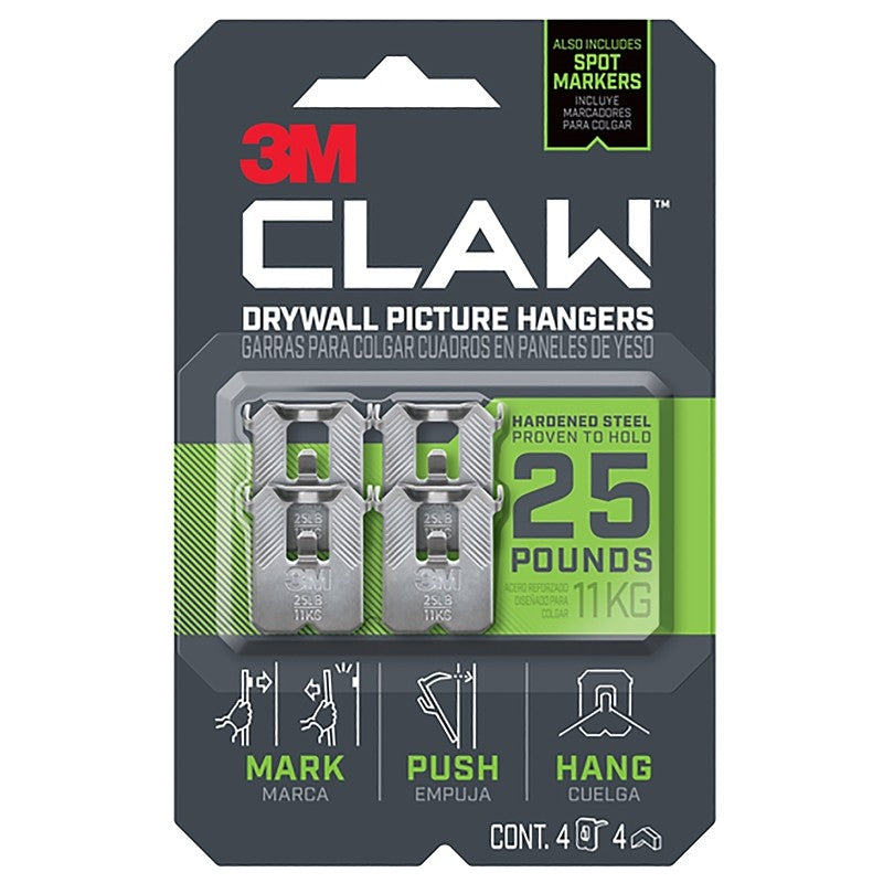 3M CLAW 3PH25M-4ES Drywall Picture Hanger, 25 lb, Steel, Push-In, 4/PK (Pack of 4)