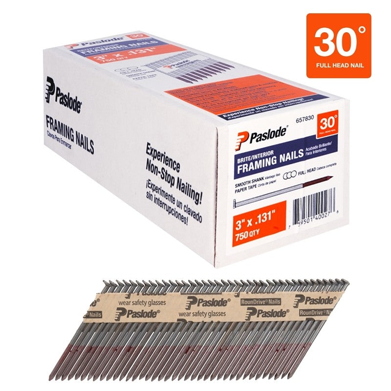 Paslode 657830 Series Framing Nail, Paper Tape Collation, 3 in L, Steel, Brite, Round Head