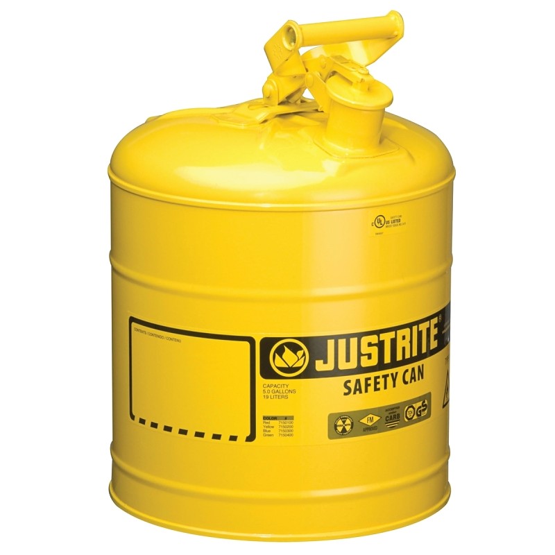 Justrite 7150200 Safety Can, 11-3/4 in Dia, 16-7/8 in OAH, 5 gal, Steel, Yellow