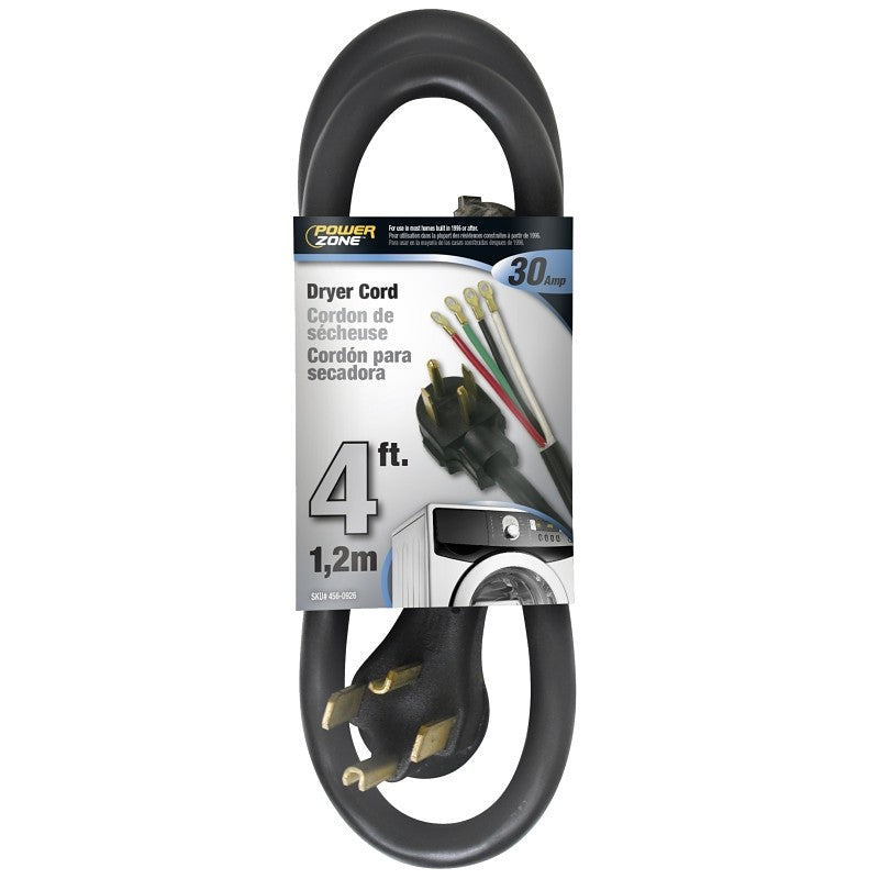 PowerZone ORD100404 Power Supply Dryer Cord, 10 AWG Cable, 4 ft L, 250 V, Black