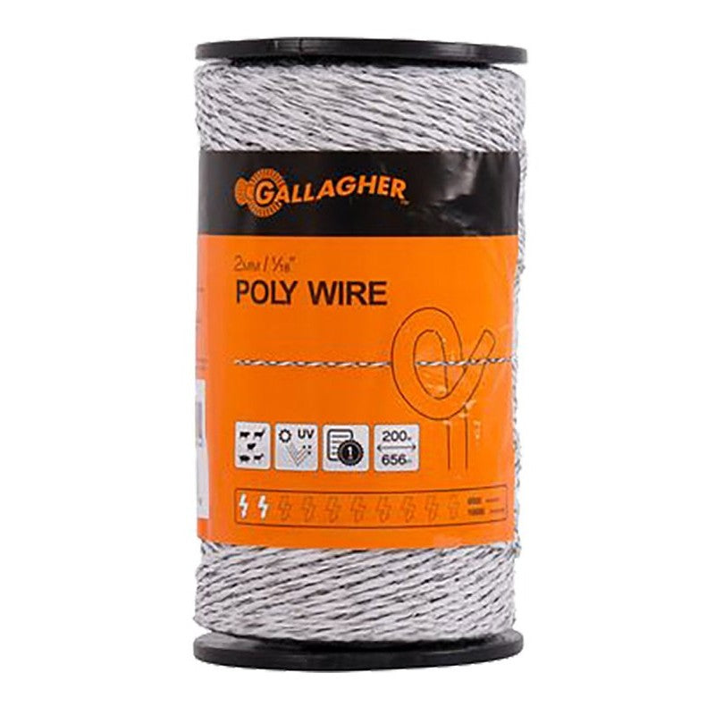 Gallagher G62004 Polywire, 2 kV, Stainless Steel Conductor, Poly Insulation, White, 656 ft L