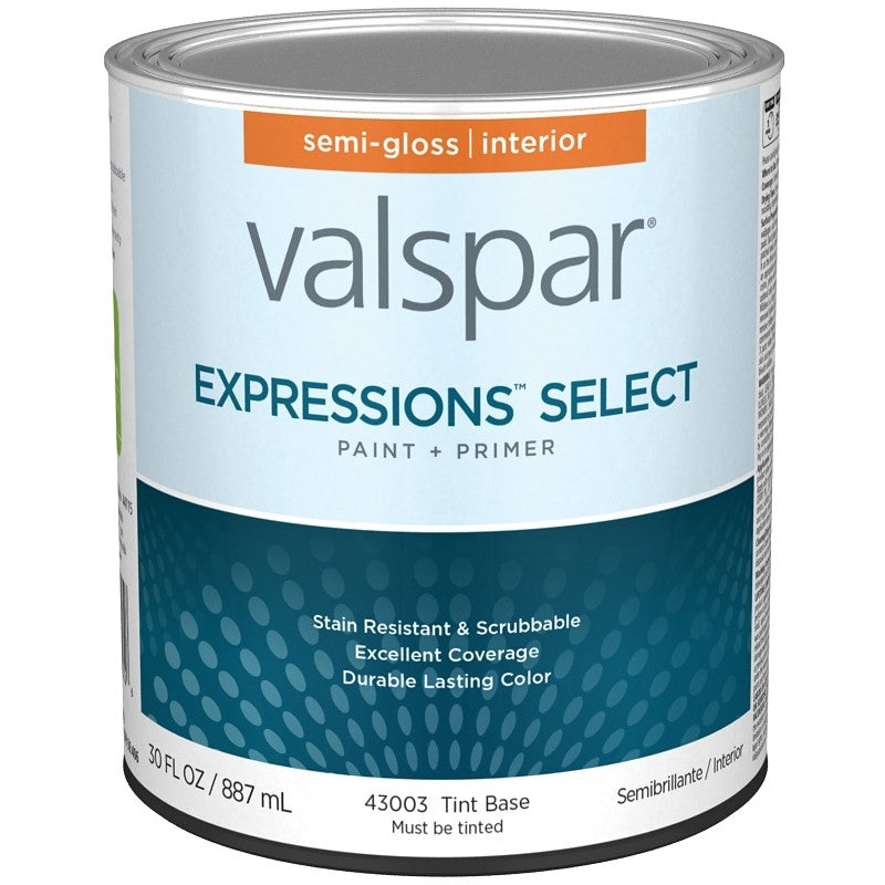 Valspar Expressions Select 4300 028.0043003.005 Latex Paint, Acrylic Base, Semi-Gloss Sheen, Tint Base, 1 qt