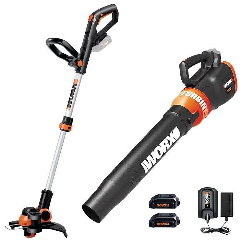 Worx WG929 Series Trimmer and Turbine Blower Combo Kit, Battery Included, 20 V, Lithium-Ion