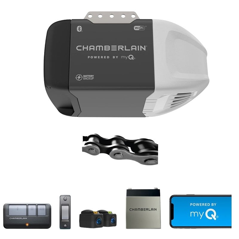 Chamberlain C2212T Garage Door Opener, Battery, Chain Drive, OS: myQ and Security+ 2.0, Gray