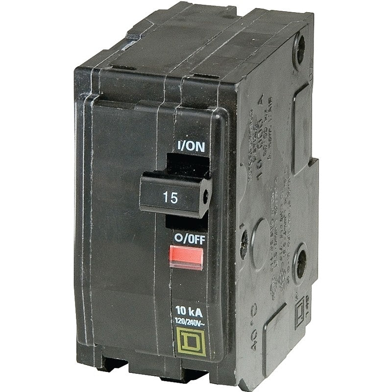 Square D QO QO215CP Circuit Breaker, Mini, 15 A, 2 -Pole, 120/240 VAC, 48 VDC, Plug Mounting, Black