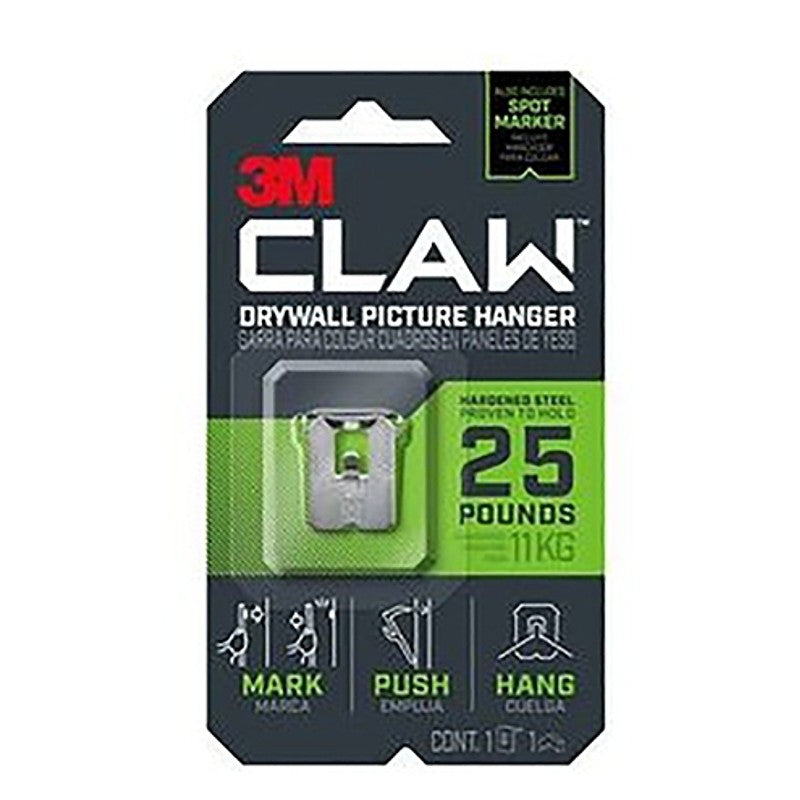 3M CLAW 3PH25-1ES Drywall Picture Hanger, 25 lb, Steel, 1/8 in Projection, Hanging, Wall Mounting