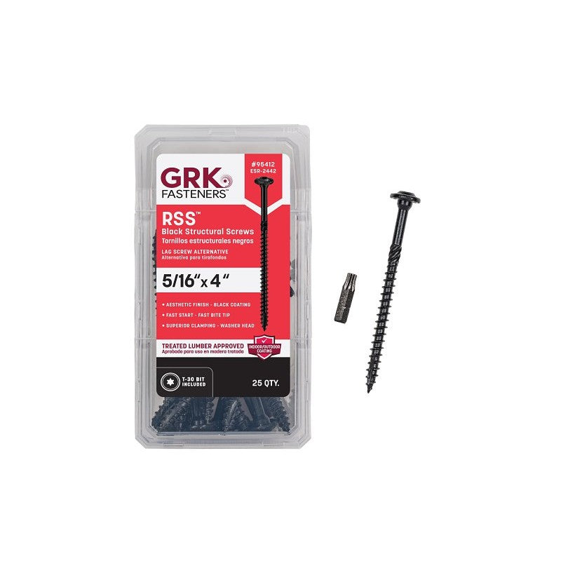 GRK Fasteners RSS Series 95412 Structural Screw, 4 in L, Coarse Thread, Washer Head, Torx Drive, Steel, Zinc-Plated, 25